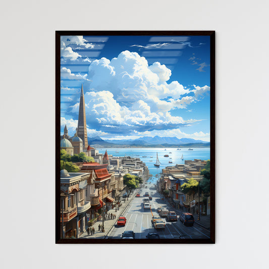 A Poster of the roofs of san francisco - A City Street With Buildings And Boats On The Water Framed Art