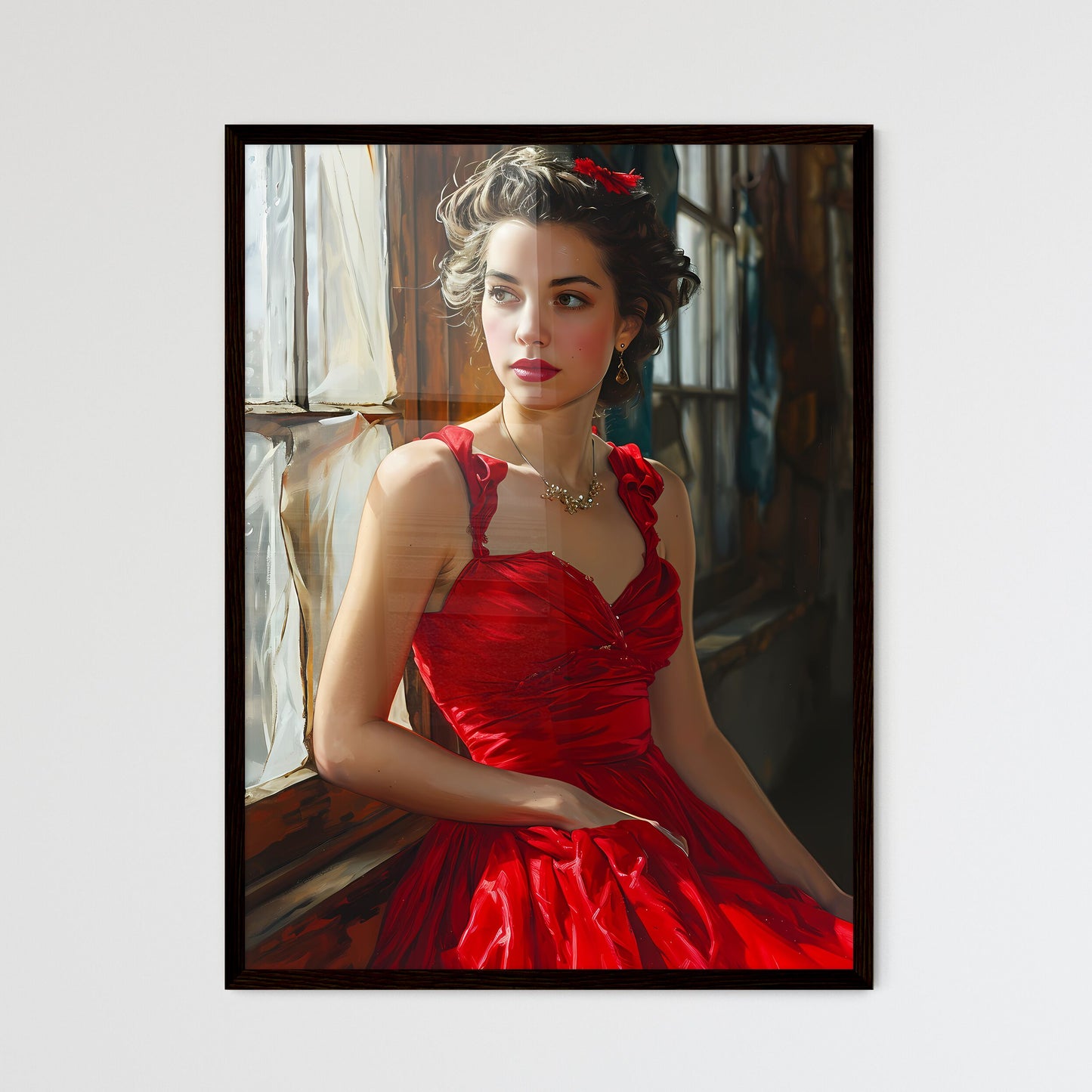 A Poster of painting of woman sitting by the - Framed Art Print