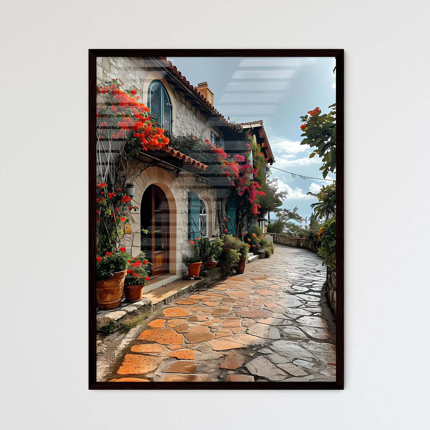 A Poster of Cte-dAzur France - A Stone Building With Flowers On The Side Default Title