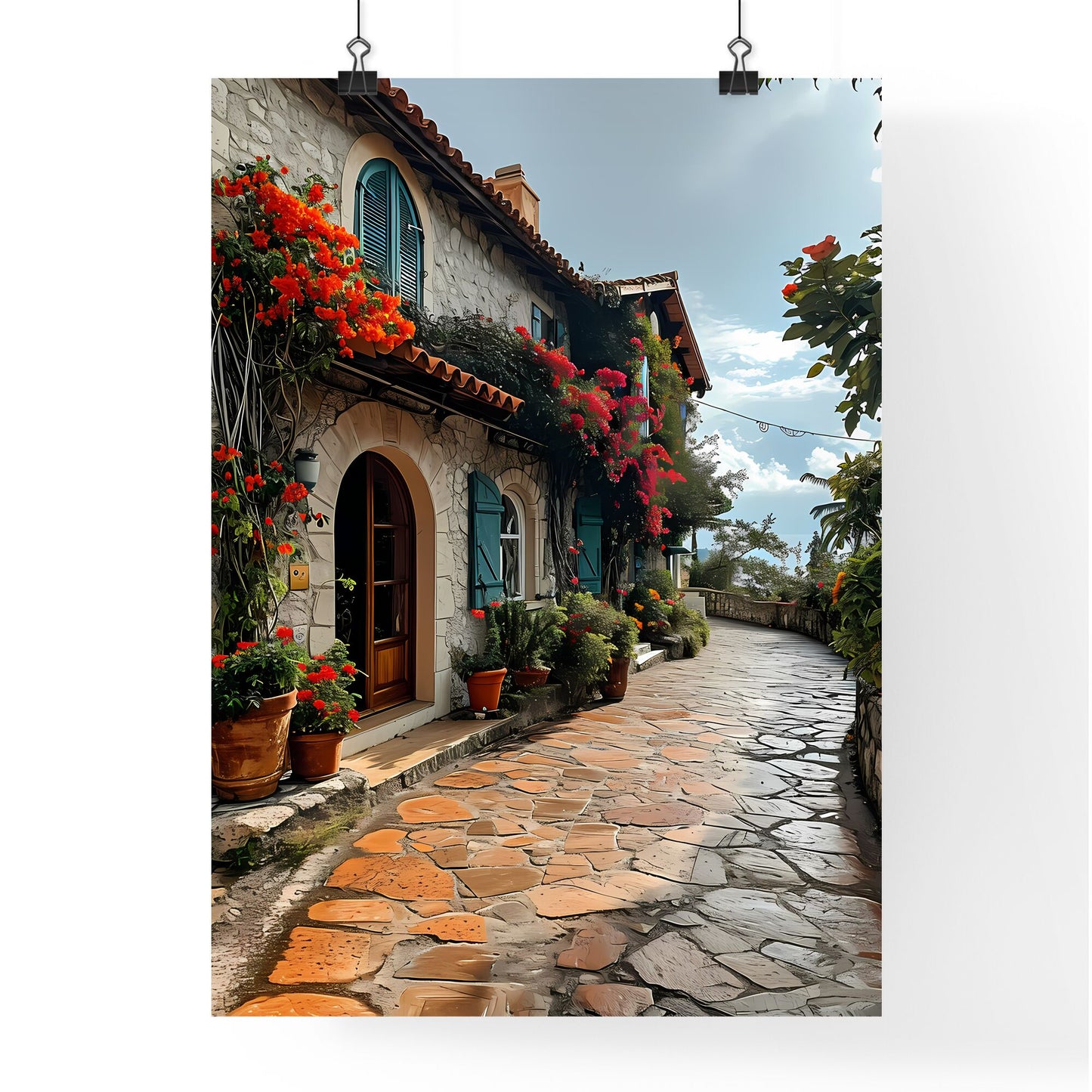 A Poster of Cte-dAzur France - A Stone Building With Flowers On The Side Default Title