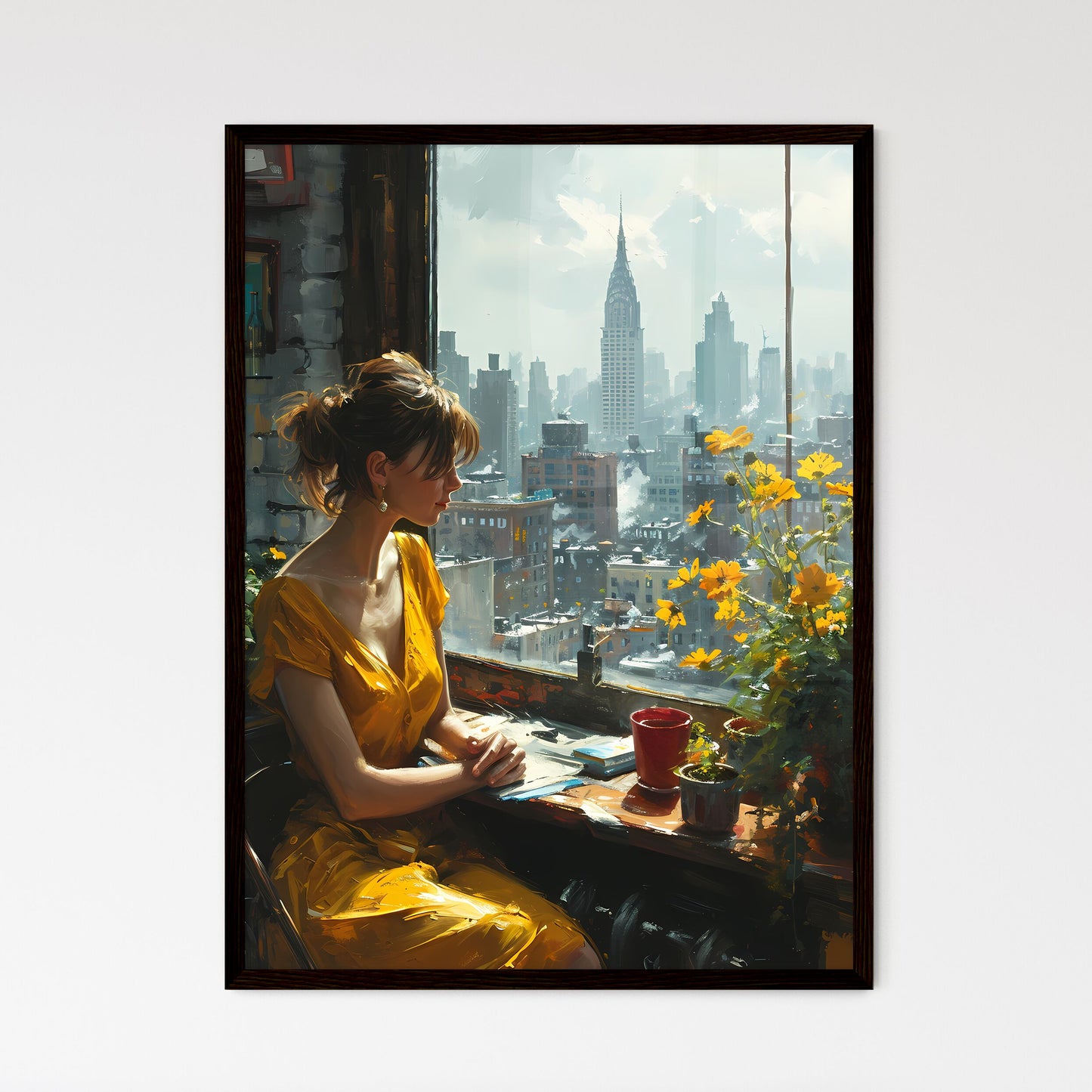 A Poster of painting of woman sitting by the window - A Woman Sitting In A Window Looking Out A Window Framed Art