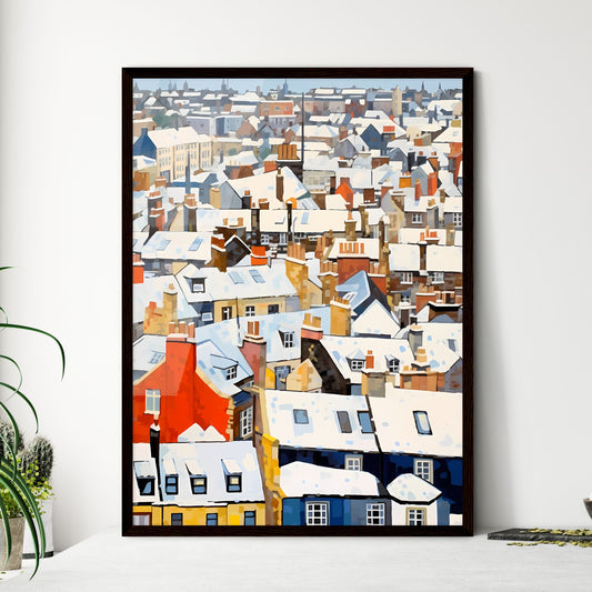 A Poster of snowy urban roofs of london - A Group Of Buildings Covered In Snow Framed Art