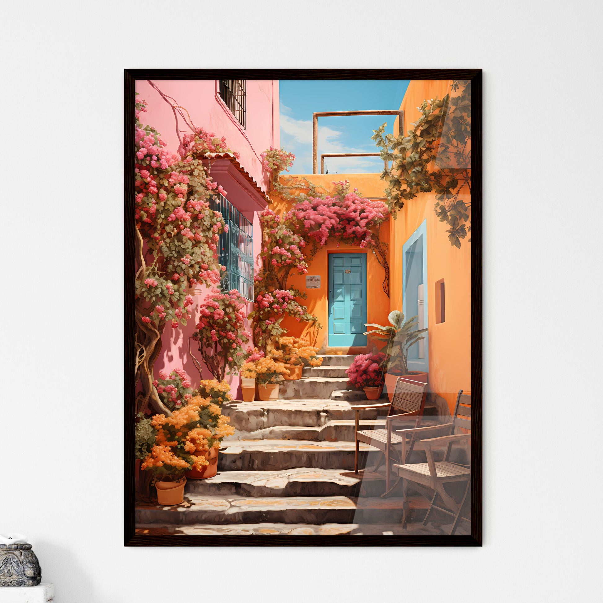 A Poster of San miguel vibrant color combinations - A Colorful Courtyard With Stairs And Chairs Framed Art