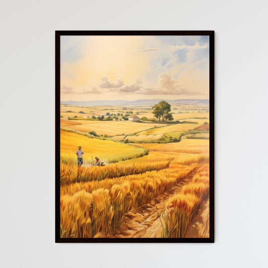 A Poster of A watercolor painting of a farml - Framed Art Print