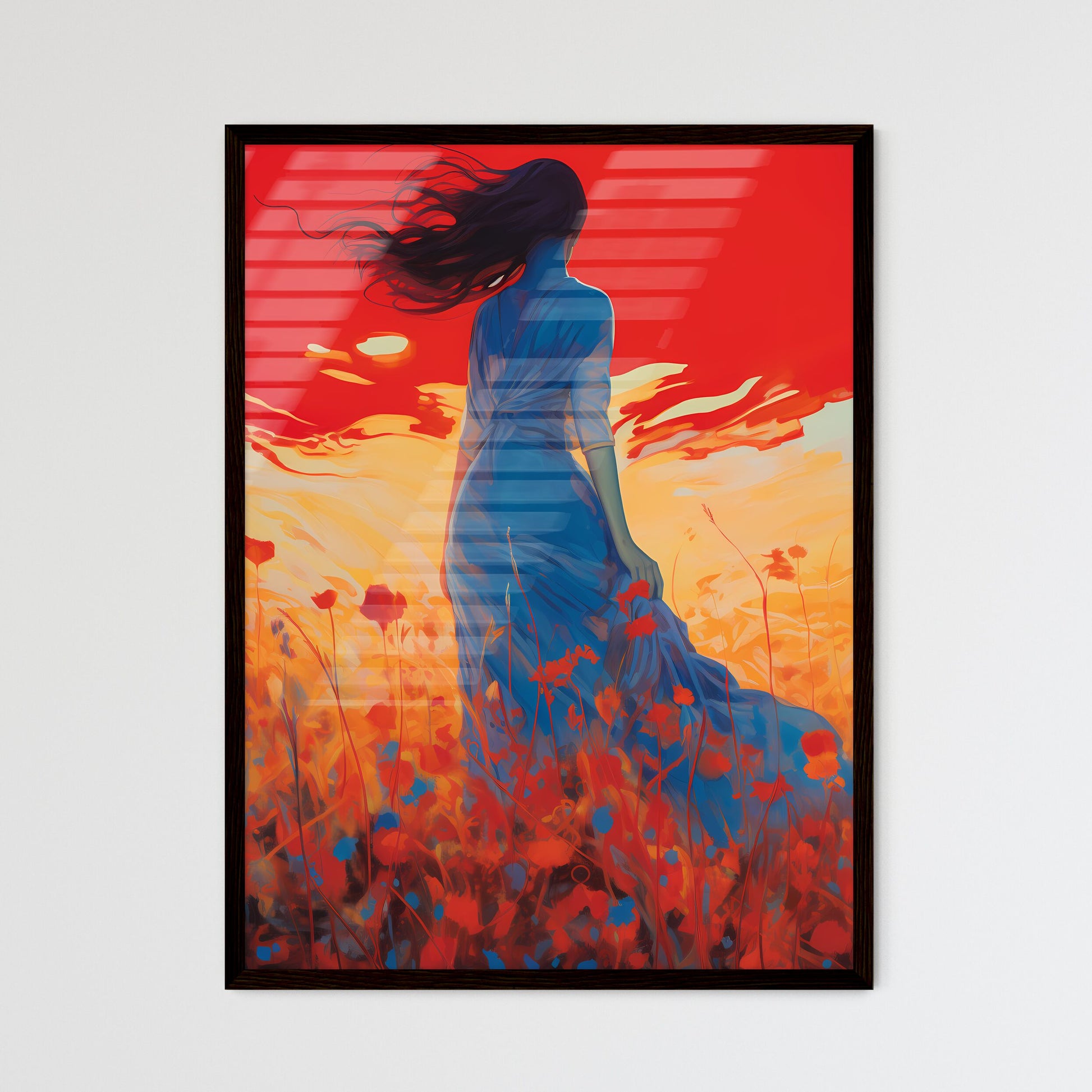 A Poster of inverted infrared - A Woman In A Blue Dress In A Field Of Flowers Default Title