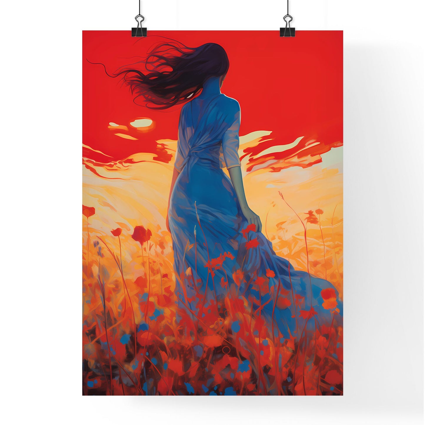 A Poster of inverted infrared - A Woman In A Blue Dress In A Field Of Flowers Default Title