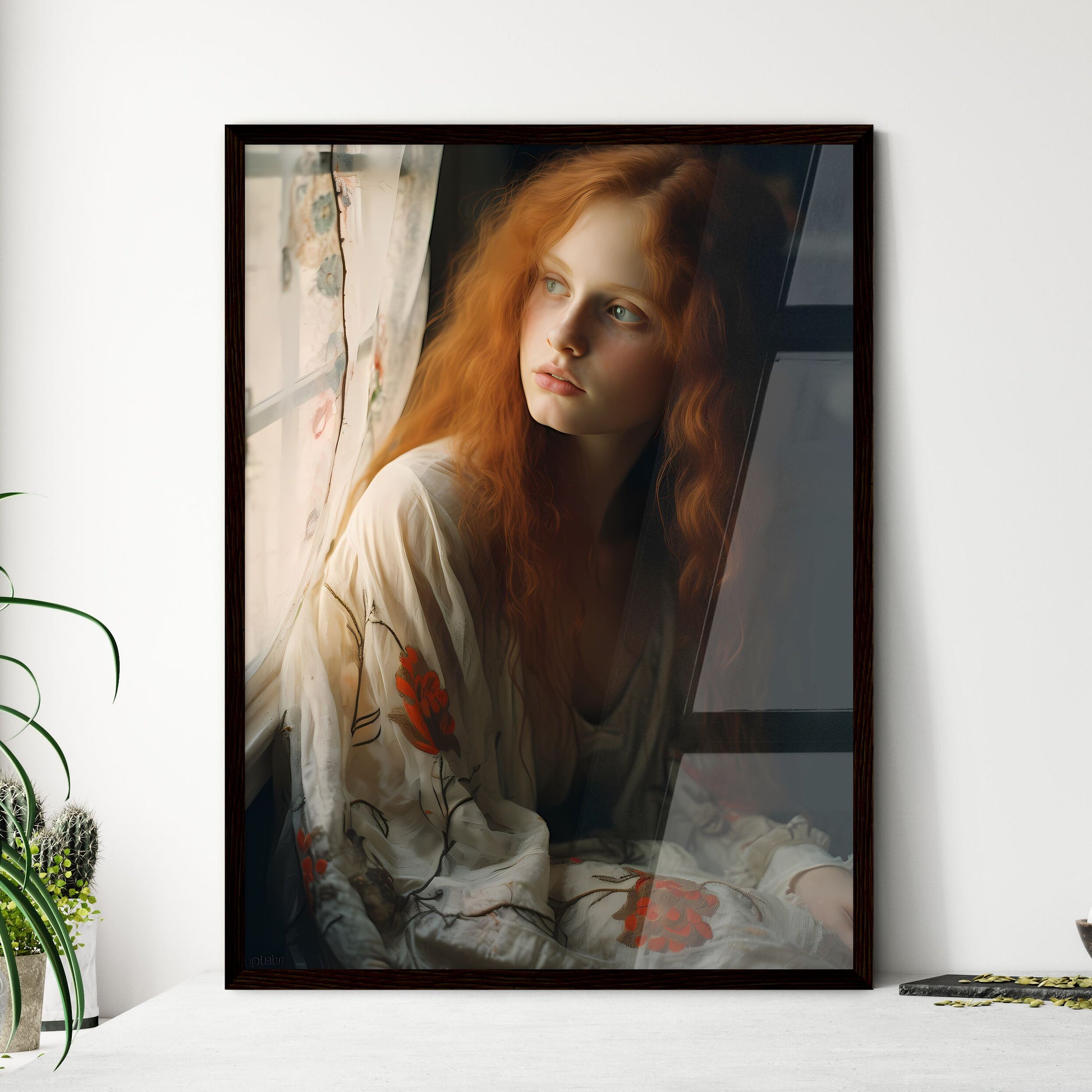 A Poster of woman with red hair sitting - A  - Framed Art Print