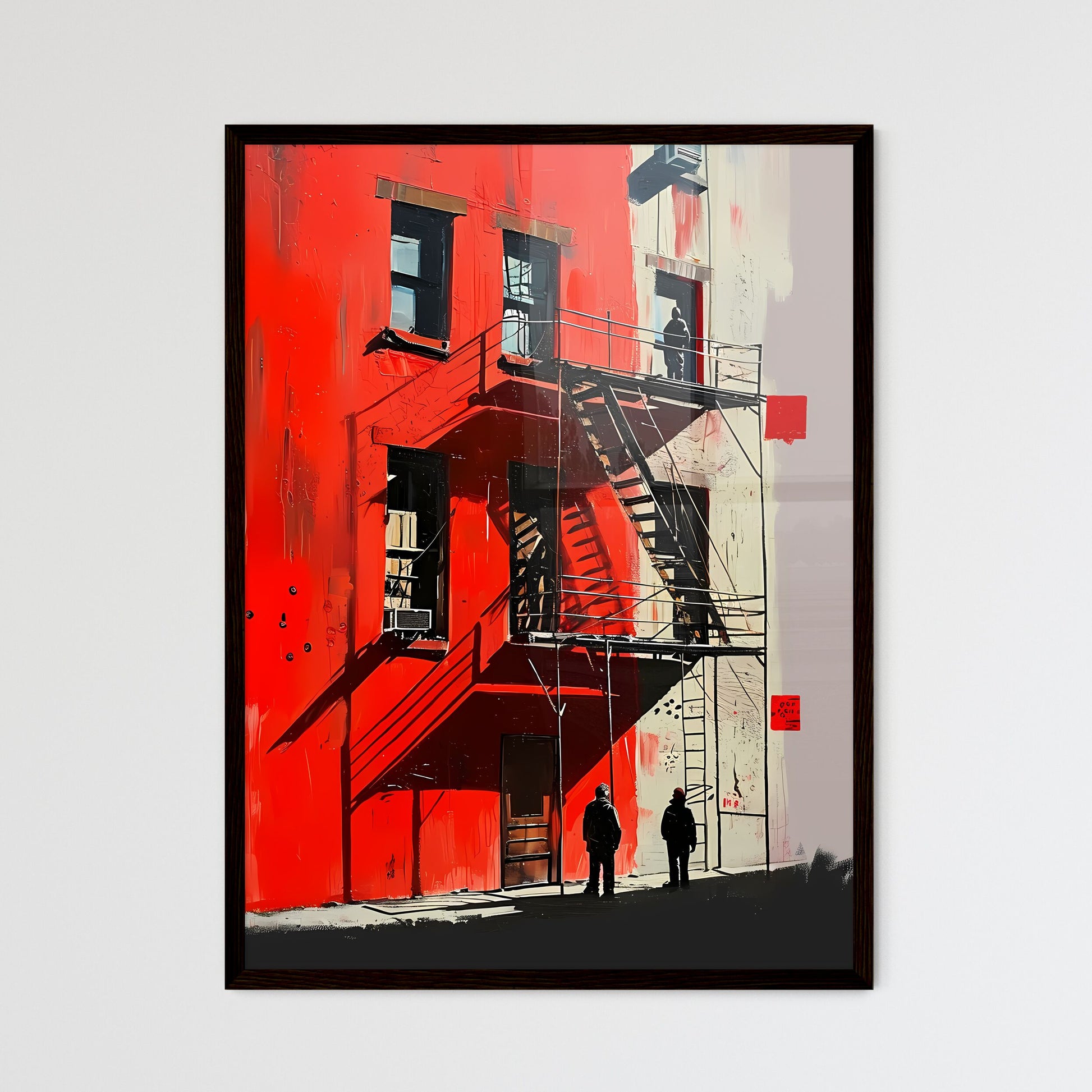 A Poster of Modern painting people standing - A Red Building With A Couple Of People Walking On The Side Framed Art