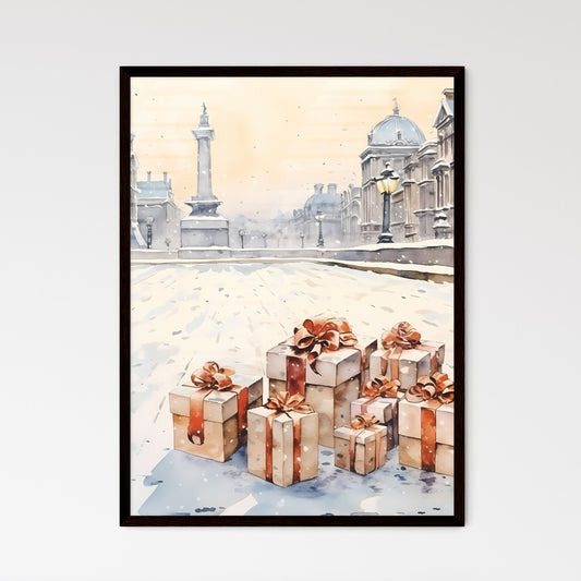 A Poster of Christmas and Holiday Gifts on Snow - A Group Of Presents In A Snowy Place Framed Art