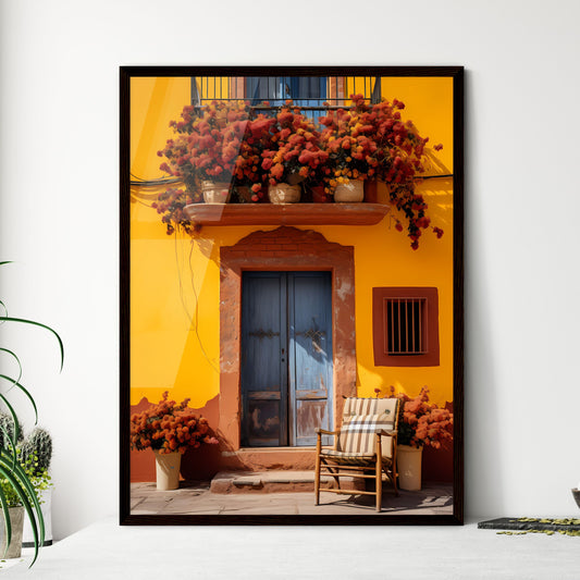A Poster of San miguel vibrant color combinations - A Chair And Chair With Flowers On The Front Of A Yellow Building Framed Art