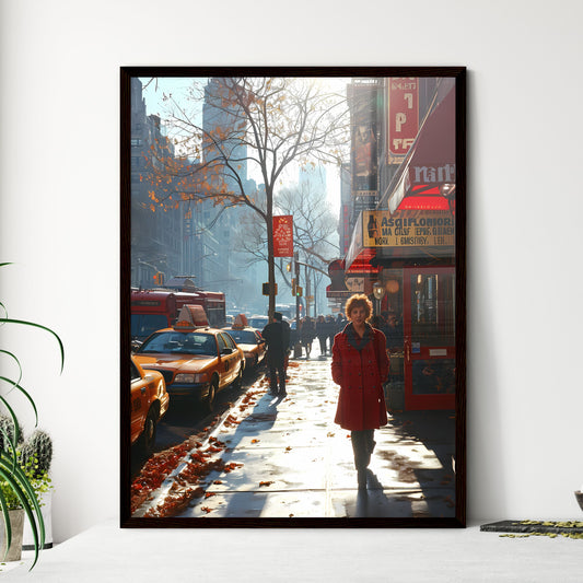 A Poster of shes walking down the sidewalk - A Woman Walking On A Sidewalk In A City Framed Art