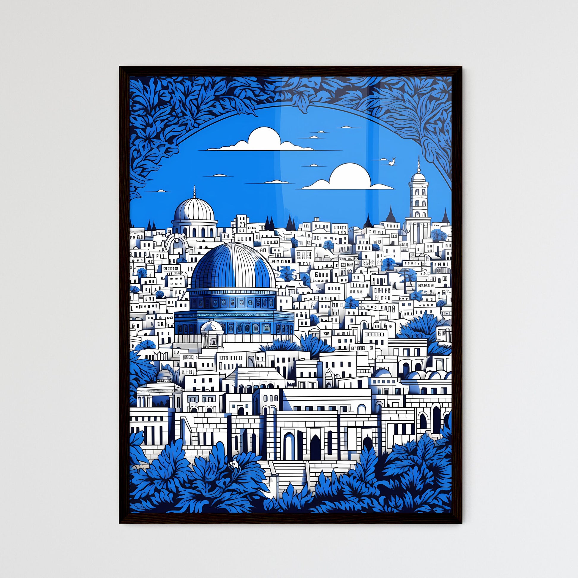 A Poster of outline the city of Jerusalem - A Blue And White Cityscape Framed Art