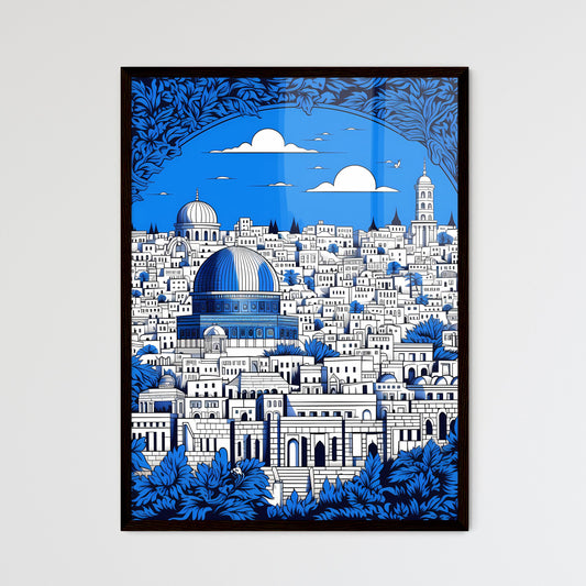 A Poster of outline the city of Jerusalem - A Blue And White Cityscape Framed Art