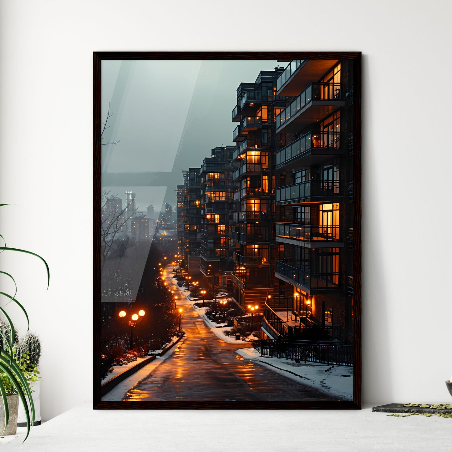 A Poster of a straight facade of a big aparment block building - A Street With Lights On The Side Of A Building Framed Art