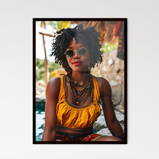 A Poster of a beautiful woman sitting poolsi - Framed Art Print