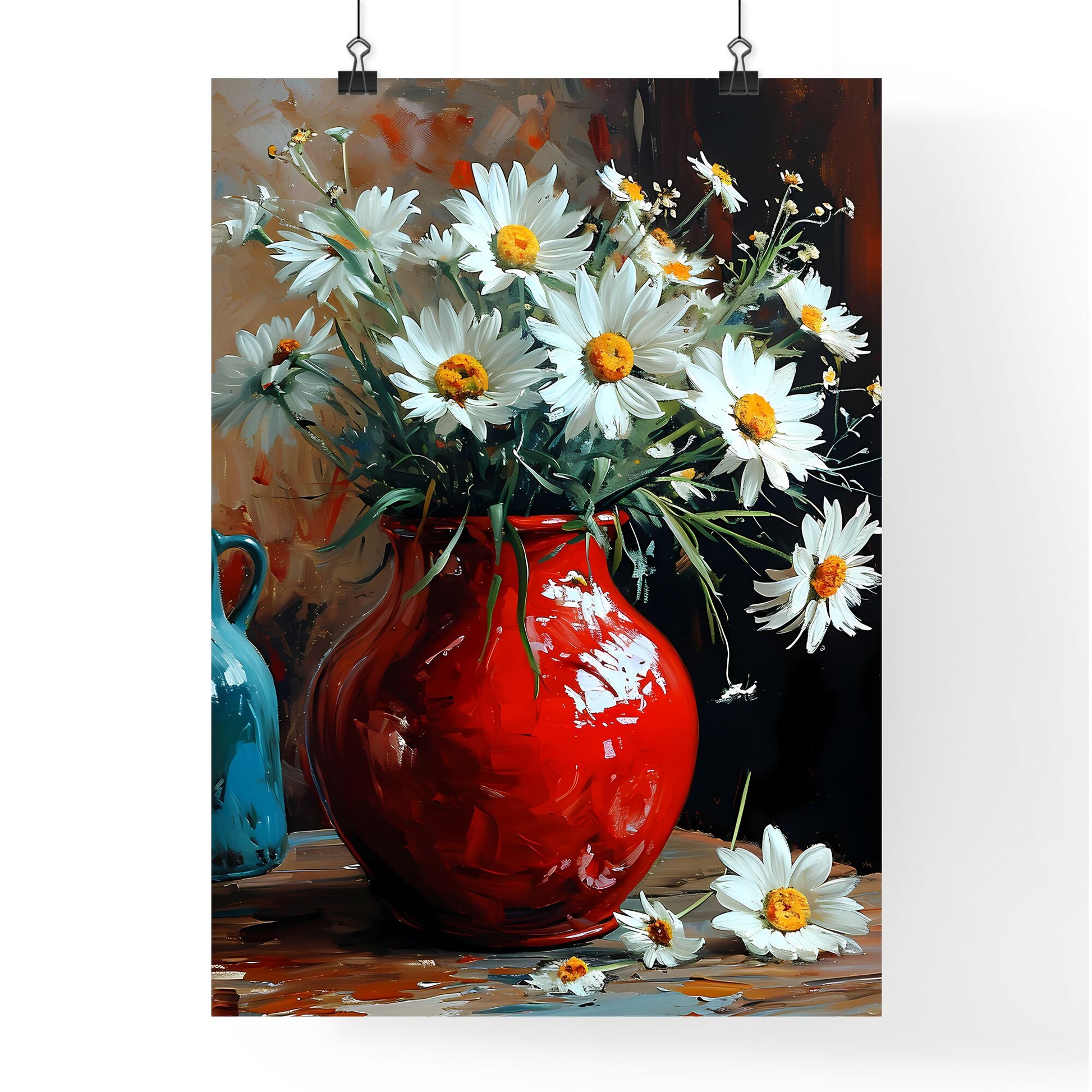 A Poster of flowers - A Painting Of A Red Vase With White Flowers Default Title