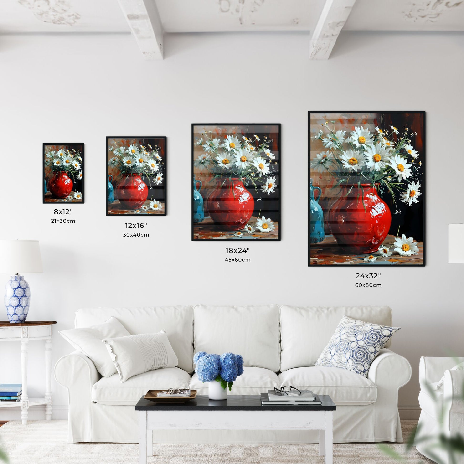 A Poster of flowers - A Painting Of A Red Vase With White Flowers Default Title