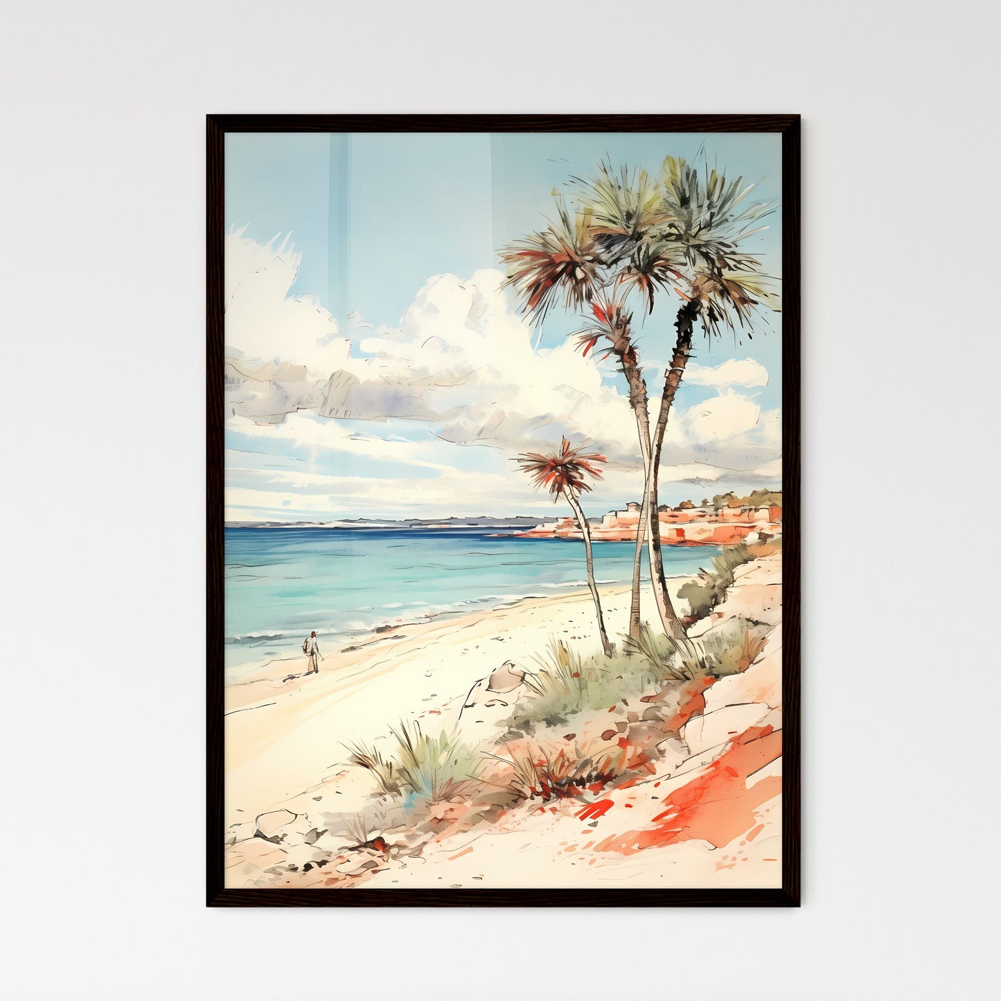 A Poster of desert tropical beach with palm  - Framed Art Print