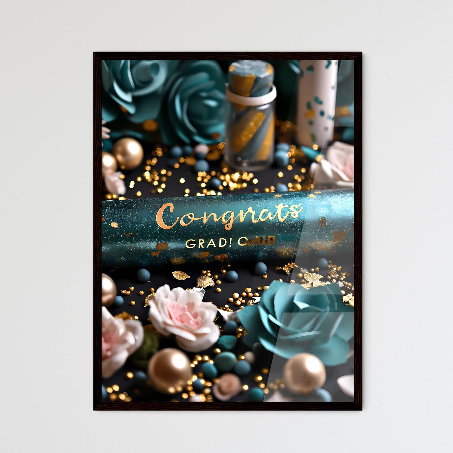 A Poster of silver graduation banner with gr - Framed Art Print