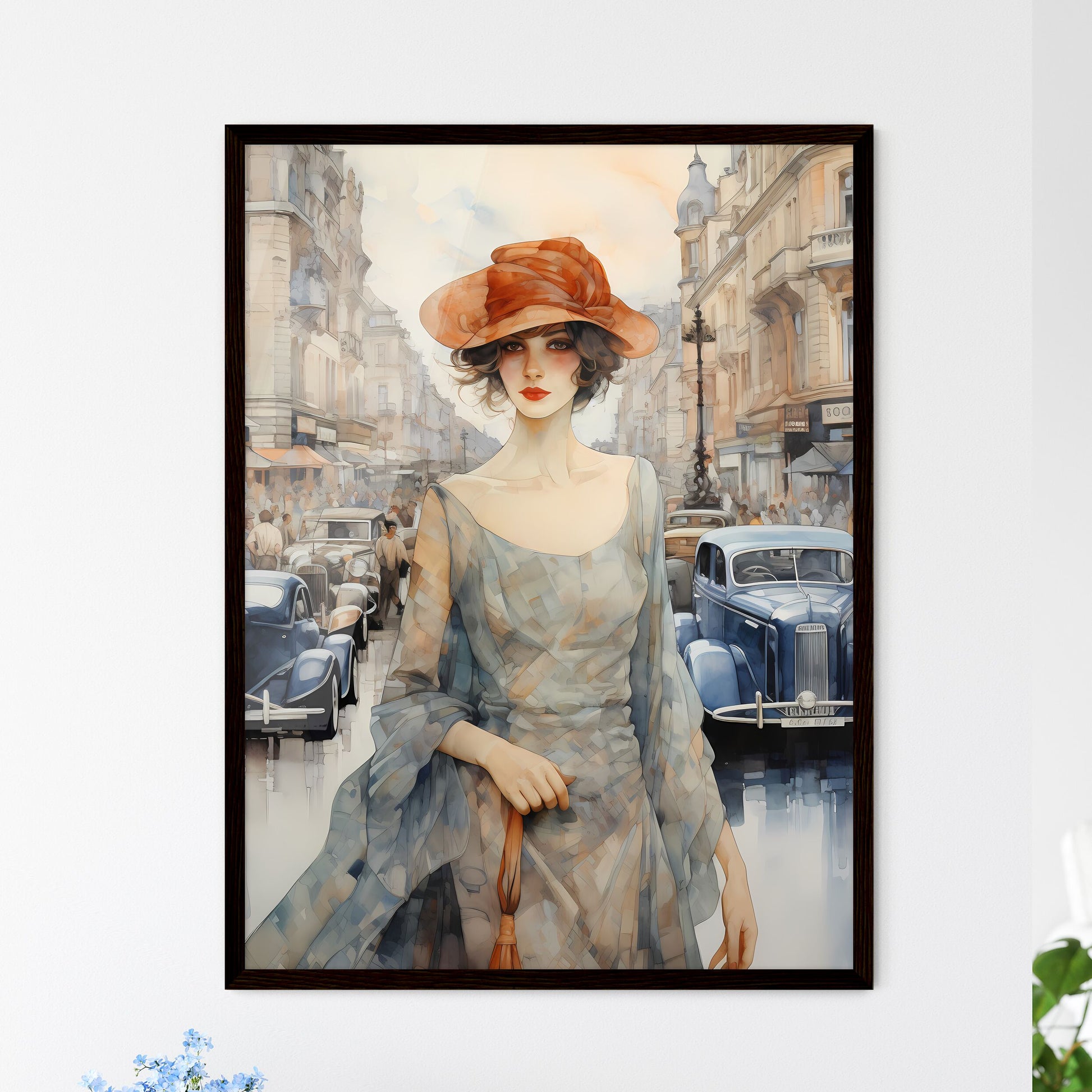 A Poster of art deco noveaux - A Woman In A Dress And Hat Framed Art