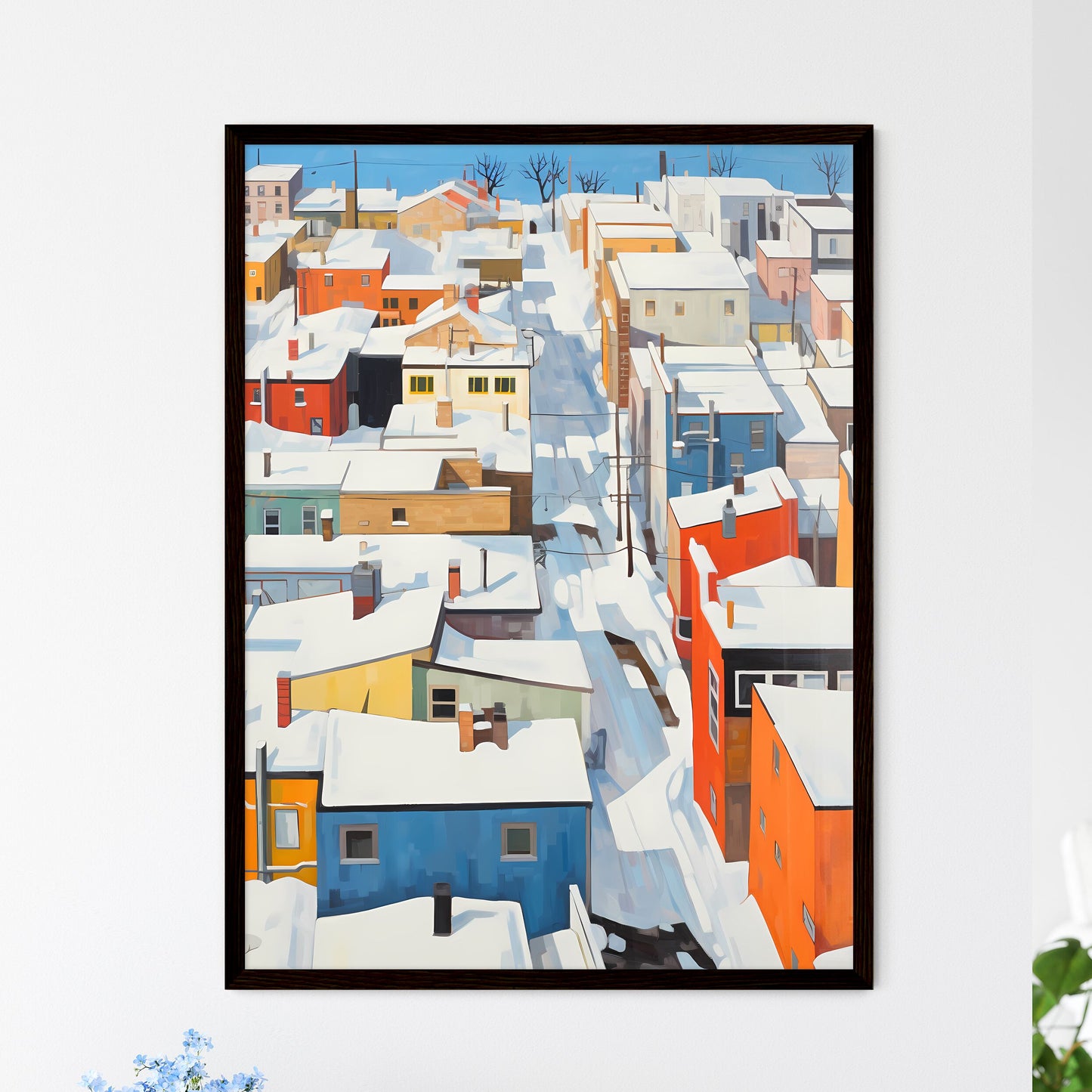 A Poster of snowy urban roofs seen from above - A Snow Covered City With Many Colorful Buildings Framed Art