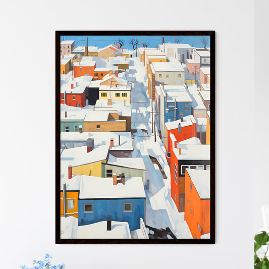 A Poster of snowy urban roofs seen from above - A Snow Covered City With Many Colorful Buildings Framed Art