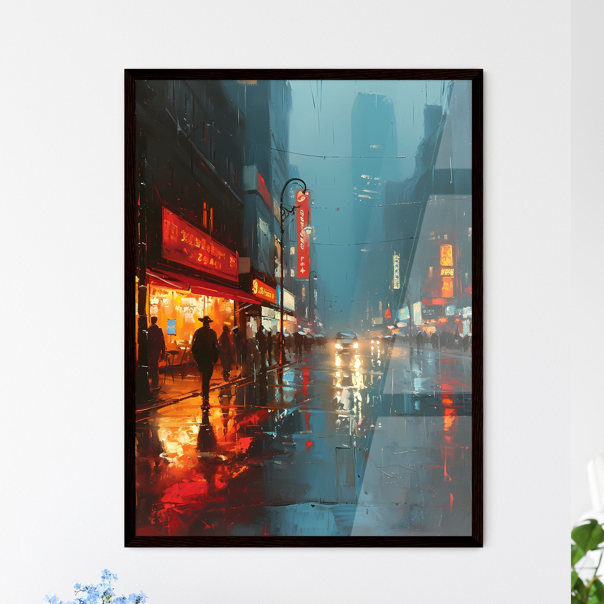 A Poster of oil painting tokyo - A City Street With People Walking On It Framed Art