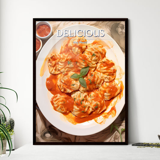 A Poster of Ravioli with tomato sauce - A Plate Of Food With Sauce Default Title