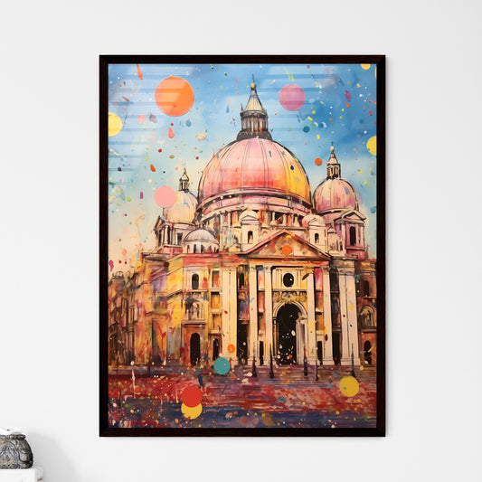A Poster of colorful confetti - A Painting Of A Building With Colorful Balloons Framed Art