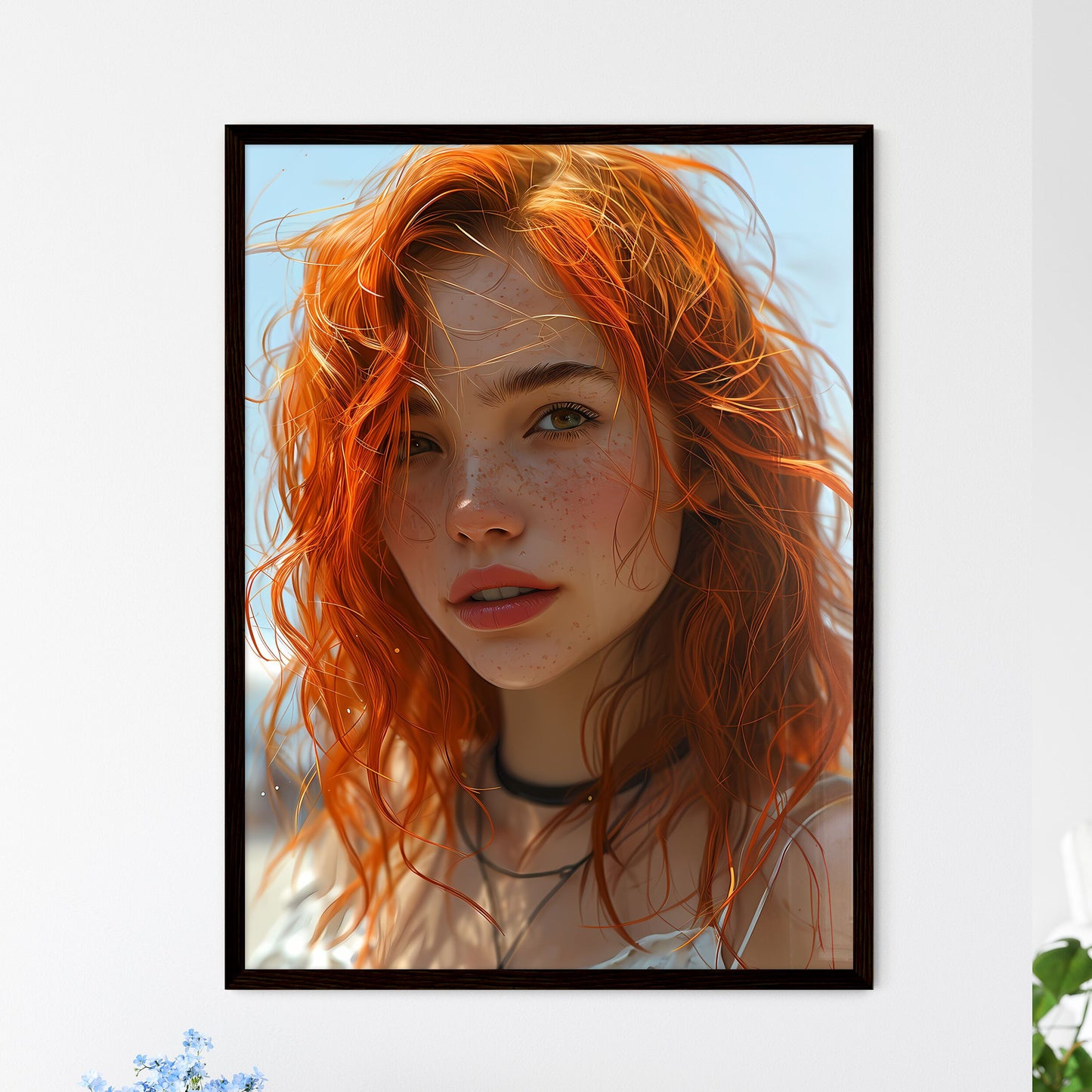 A Poster of a painting of a woman with orang - Framed Art Print