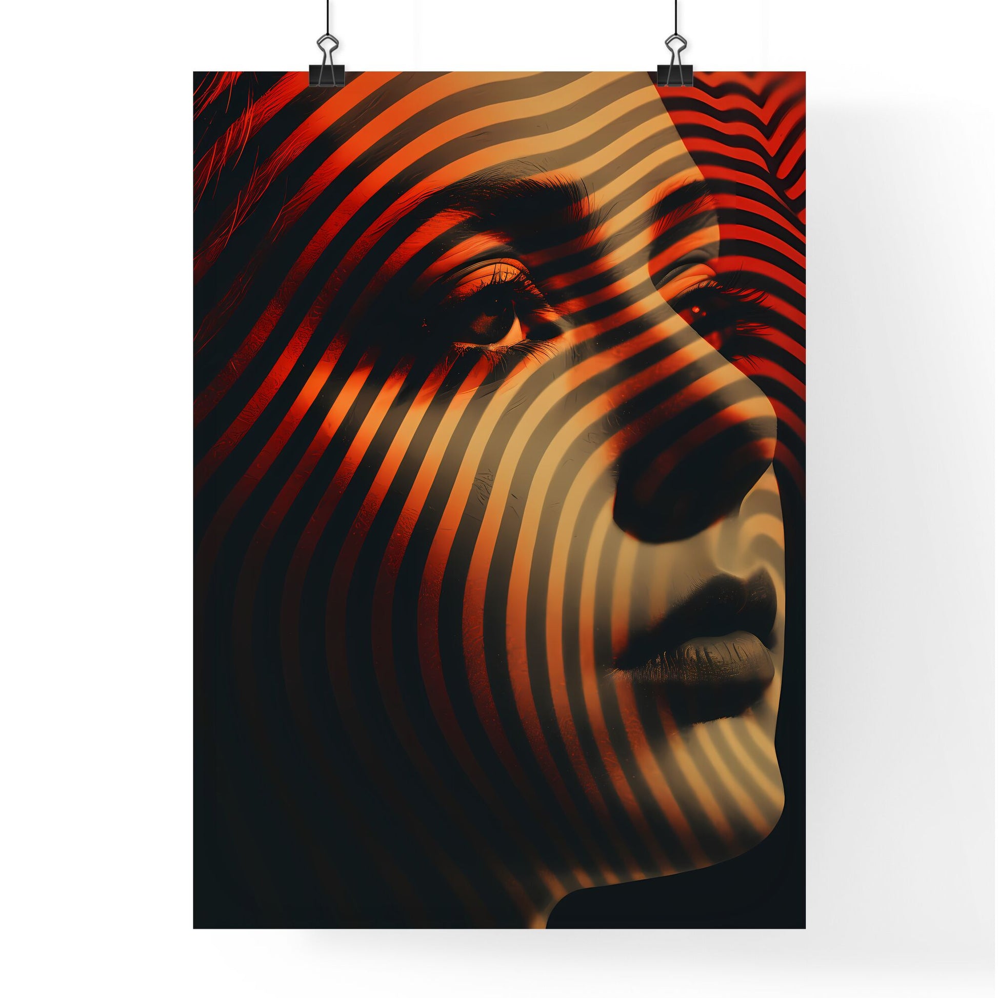 A Poster of halftone pattern - A Woman'S Face With Black And Orange Lines Default Title