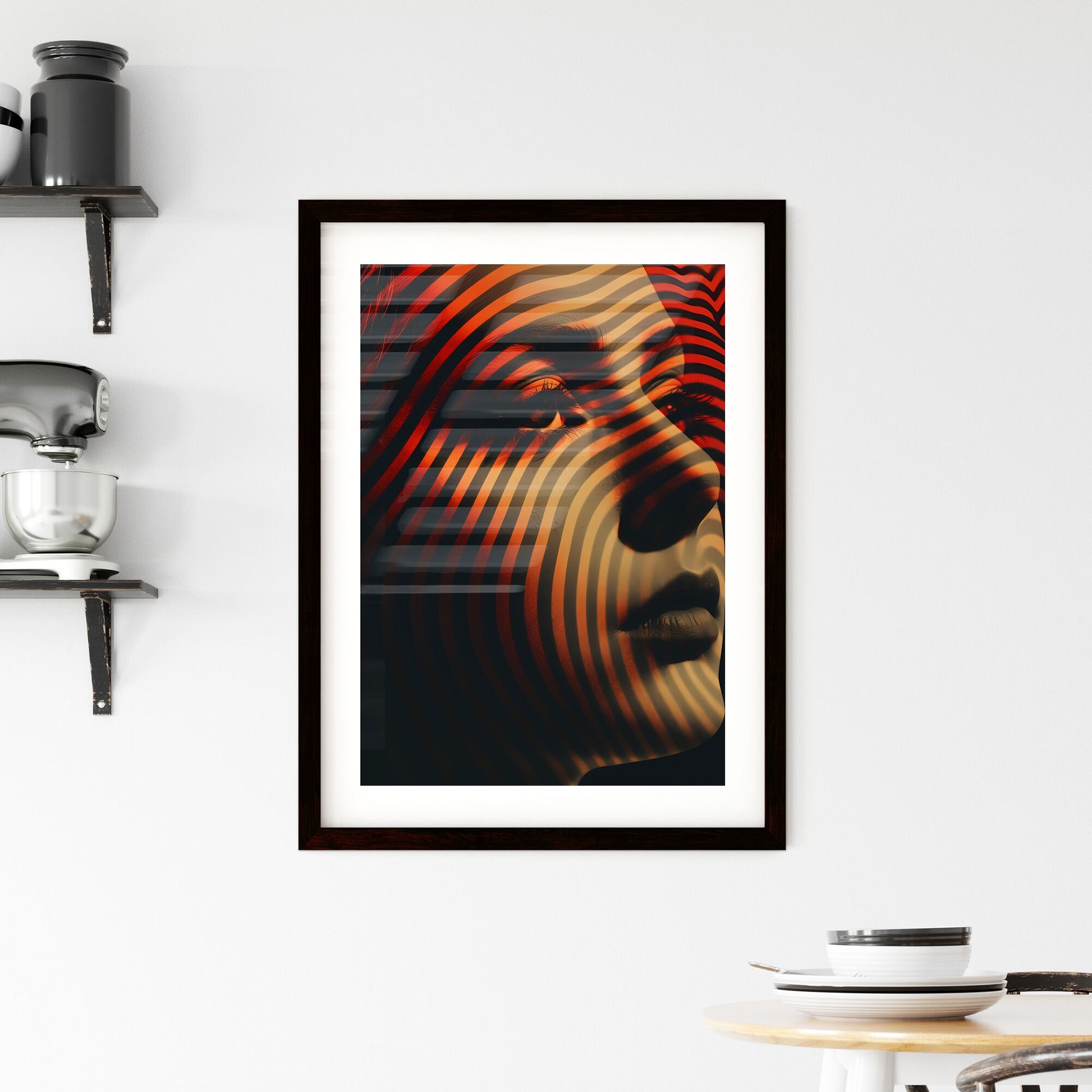 A Poster of halftone pattern - A Woman'S Face With Black And Orange Lines Default Title