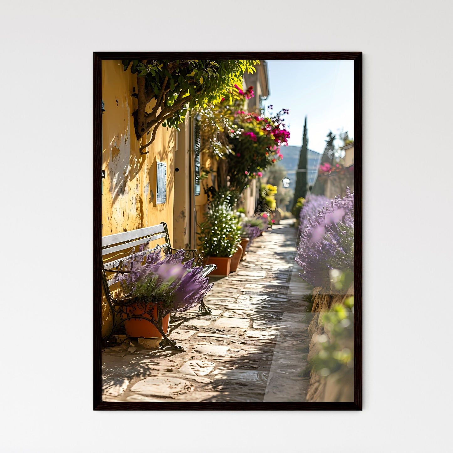 A Poster of small patio with a deck chair - A Bench With Flowers In Pots On A Stone Path Framed Art