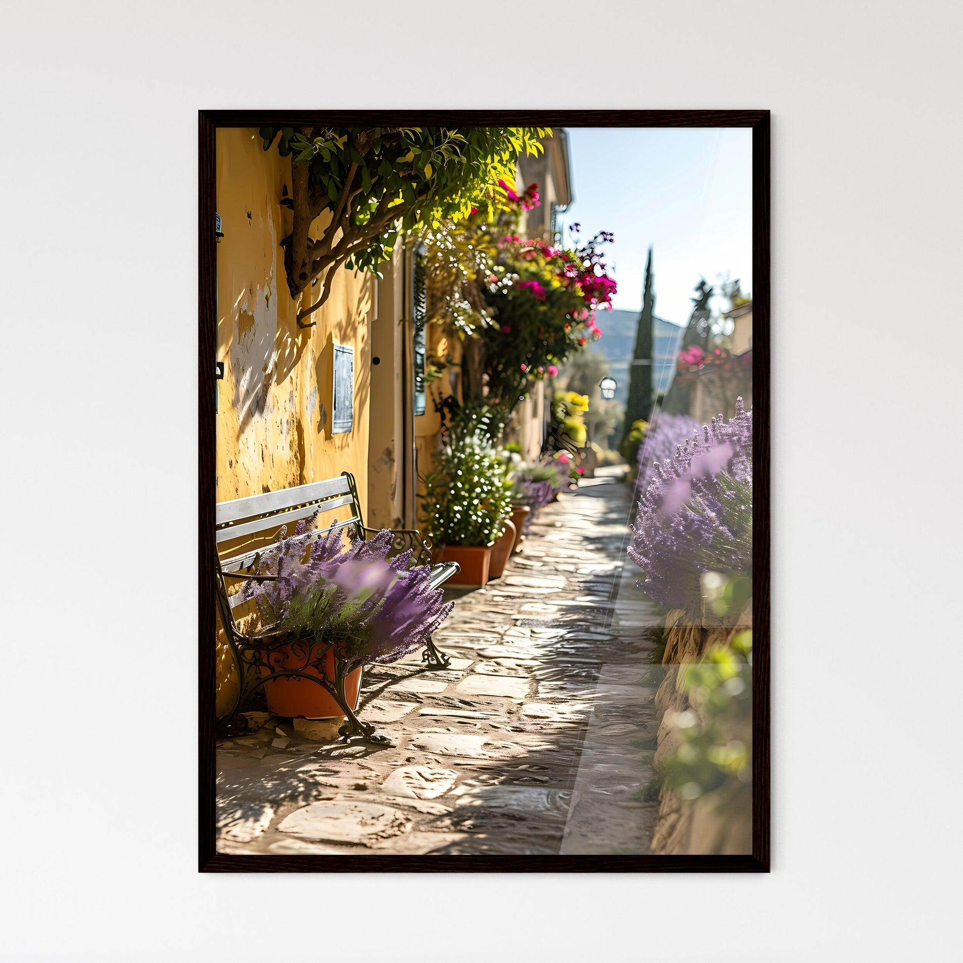 A Poster of small patio with a deck chair - A Bench With Flowers In Pots On A Stone Path Framed Art