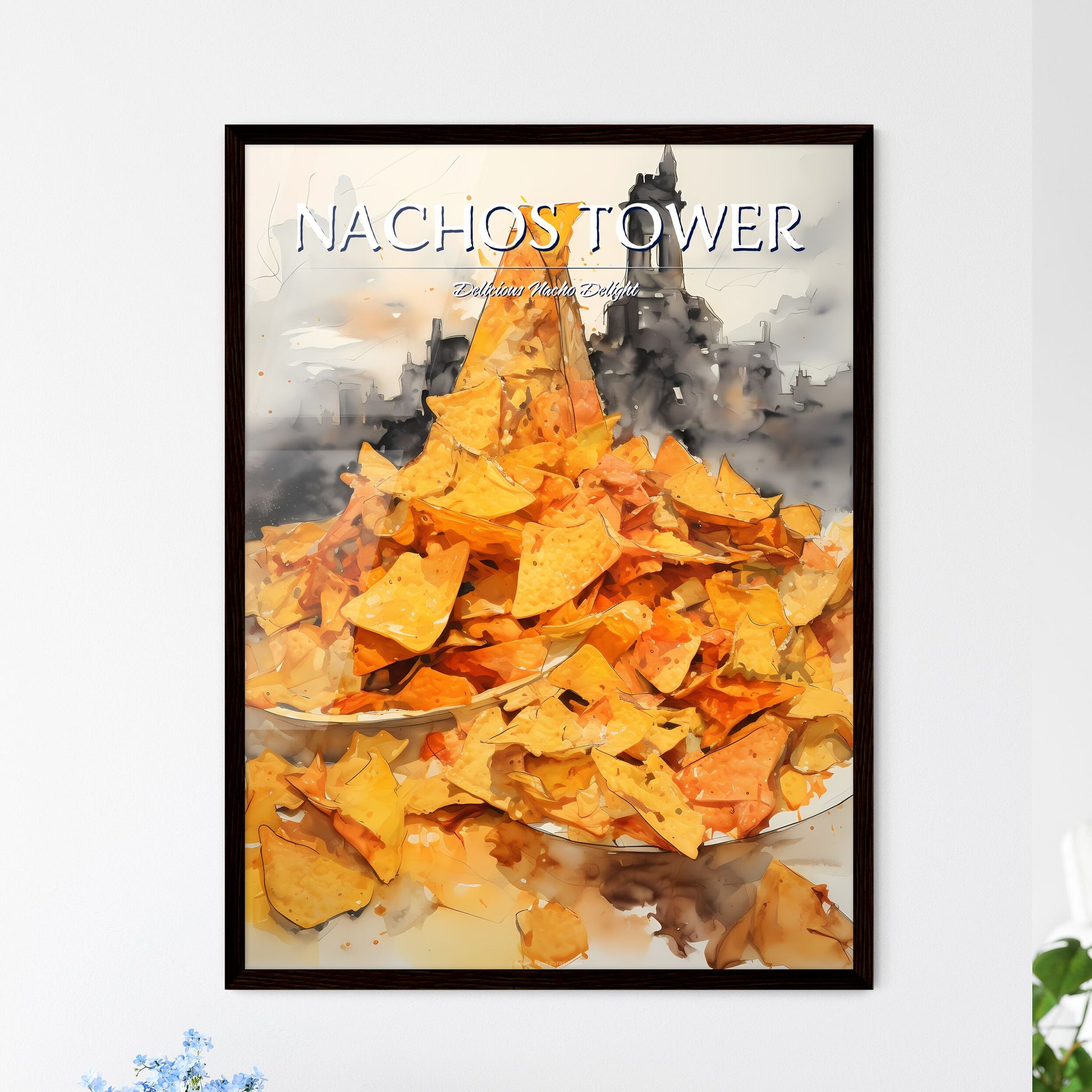 A Poster of Nachos - A Plate Of Chips With A Tower In The Background Default Title