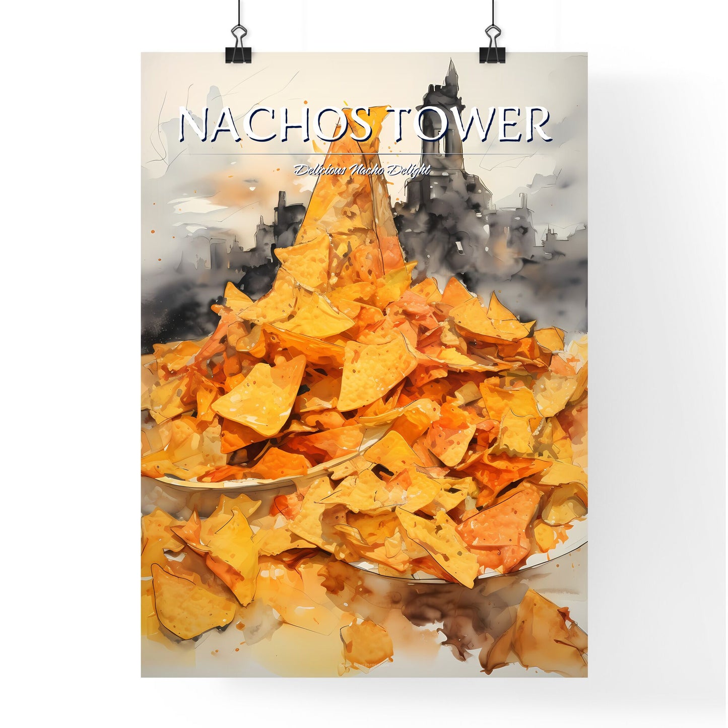 A Poster of Nachos - A Plate Of Chips With A Tower In The Background Default Title