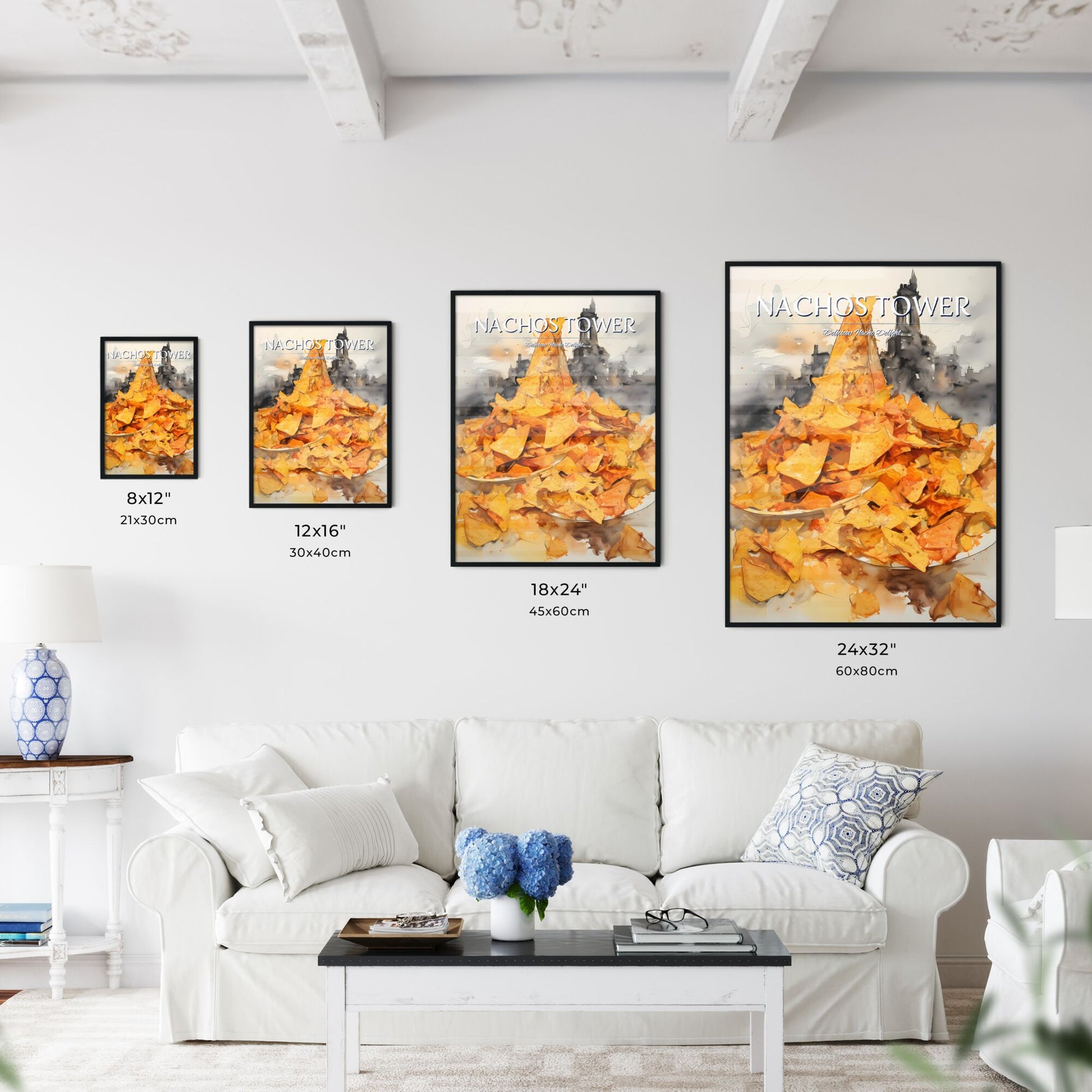 A Poster of Nachos - A Plate Of Chips With A Tower In The Background Default Title