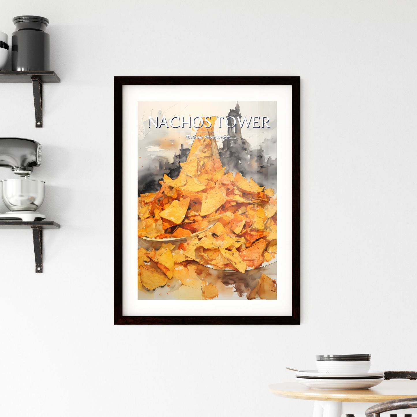 A Poster of Nachos - A Plate Of Chips With A Tower In The Background Default Title