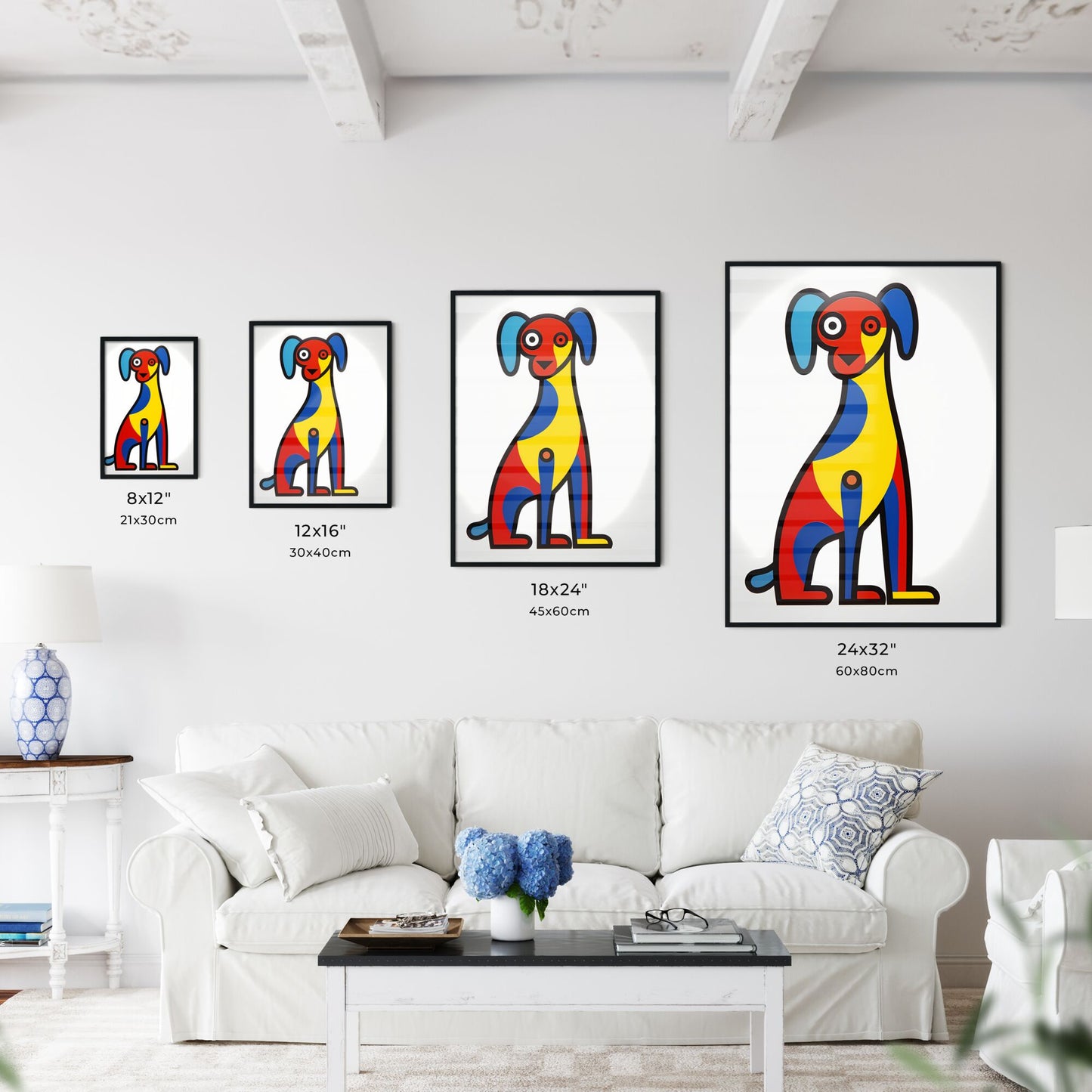 A Poster of minimalist dog art - A Colorful Dog With Blue And Red Ears Default Title