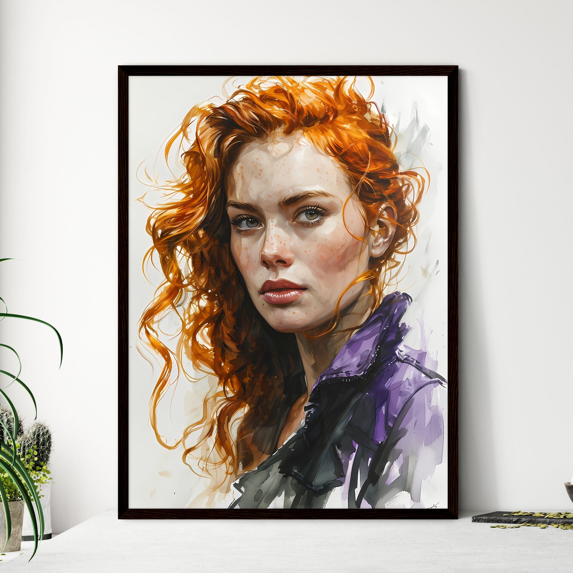 A Poster of a painting of a woman with orang - Framed Art Print