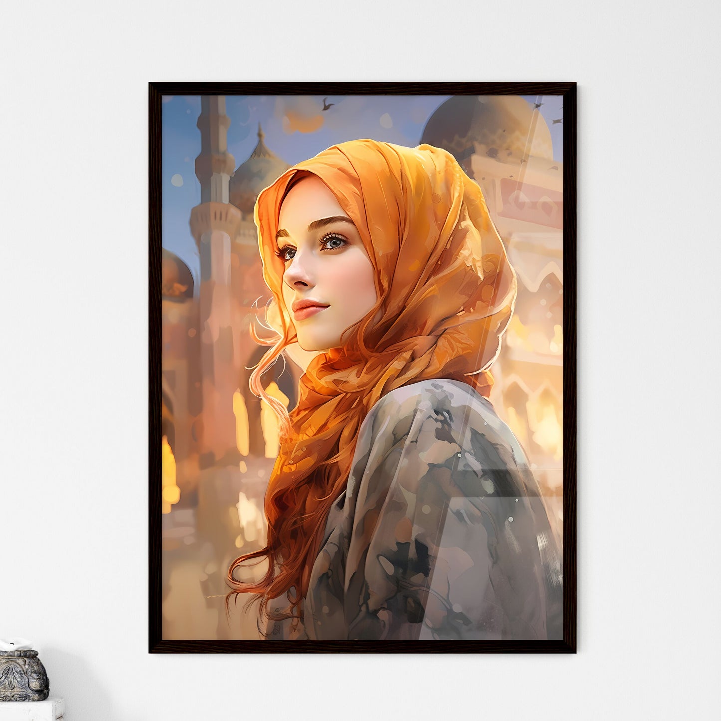 A Poster of beautiful woman wearing hijab - A Woman Wearing A Head Scarf Framed Art