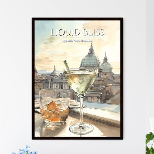 A Poster of classic margarita cocktail - A Glass Of Liquid On A Ledge With A City In The Background Default Title