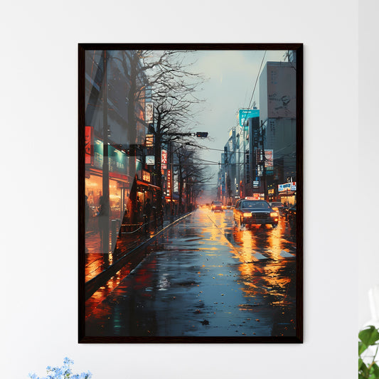 A Poster of oil painting tokyo - A Wet Street With Cars And Buildings On It Framed Art