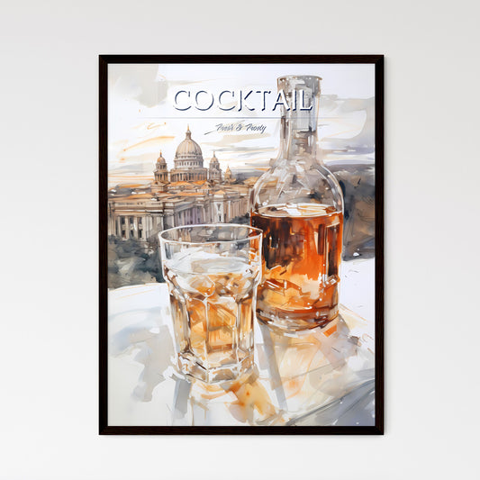 A Poster of white russian cocktail - A Glass And Bottle Of Alcohol On A Table With A Building In The Background Default Title