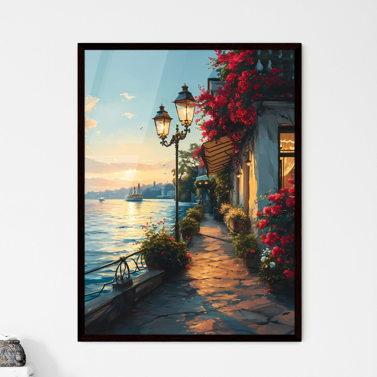 A Poster of Cafe warm lamp lakeside - A Street With Flowers And A Body Of Water Framed Art