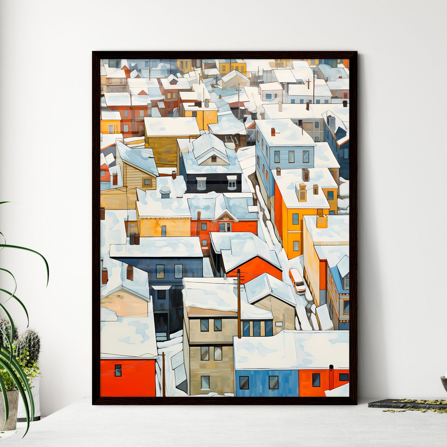 A Poster of snowy urban roofs seen from above - A Group Of Houses Covered In Snow Framed Art