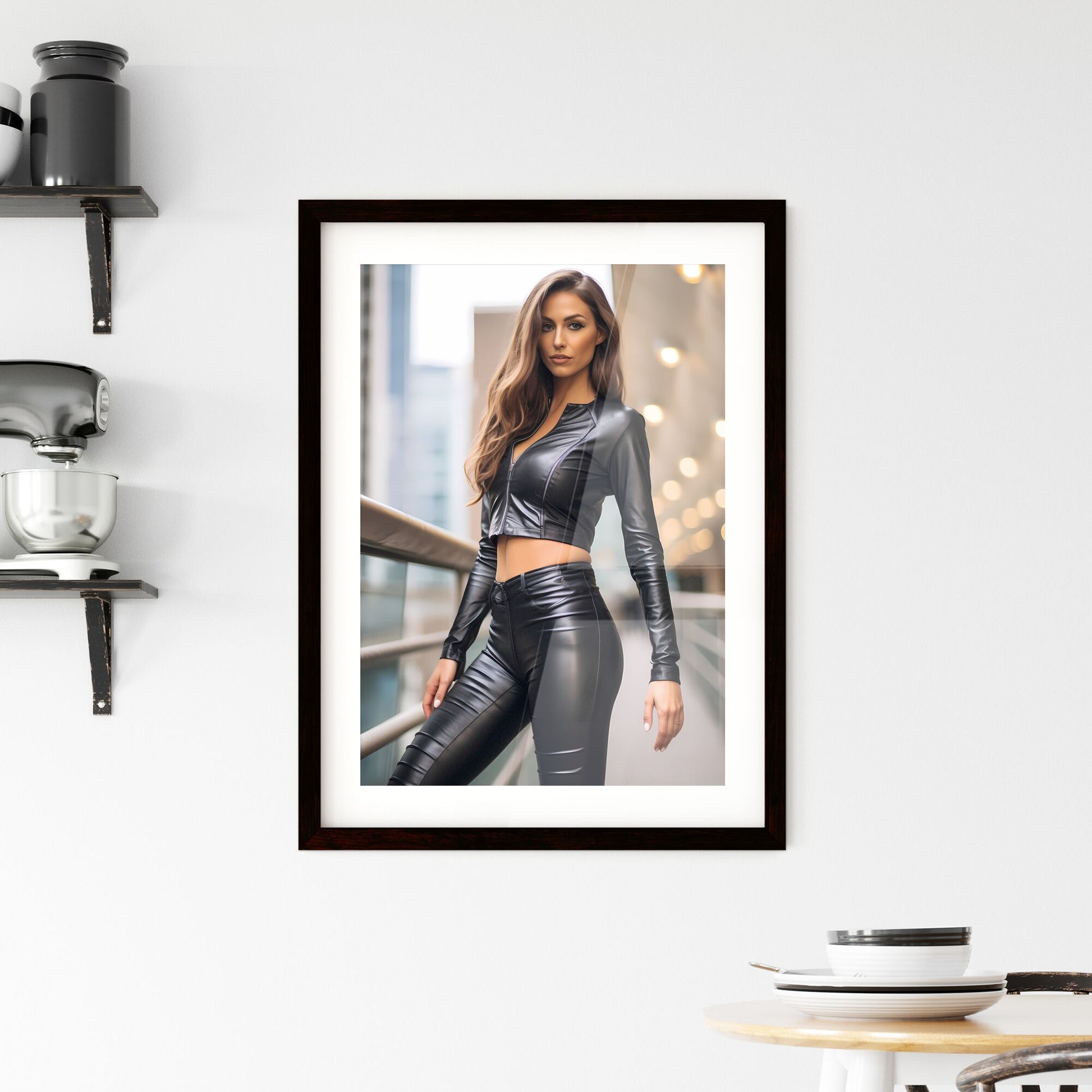 A Poster of Supermodel wearing seamless leather leggings - A Woman In A Leather Jacket Default Title