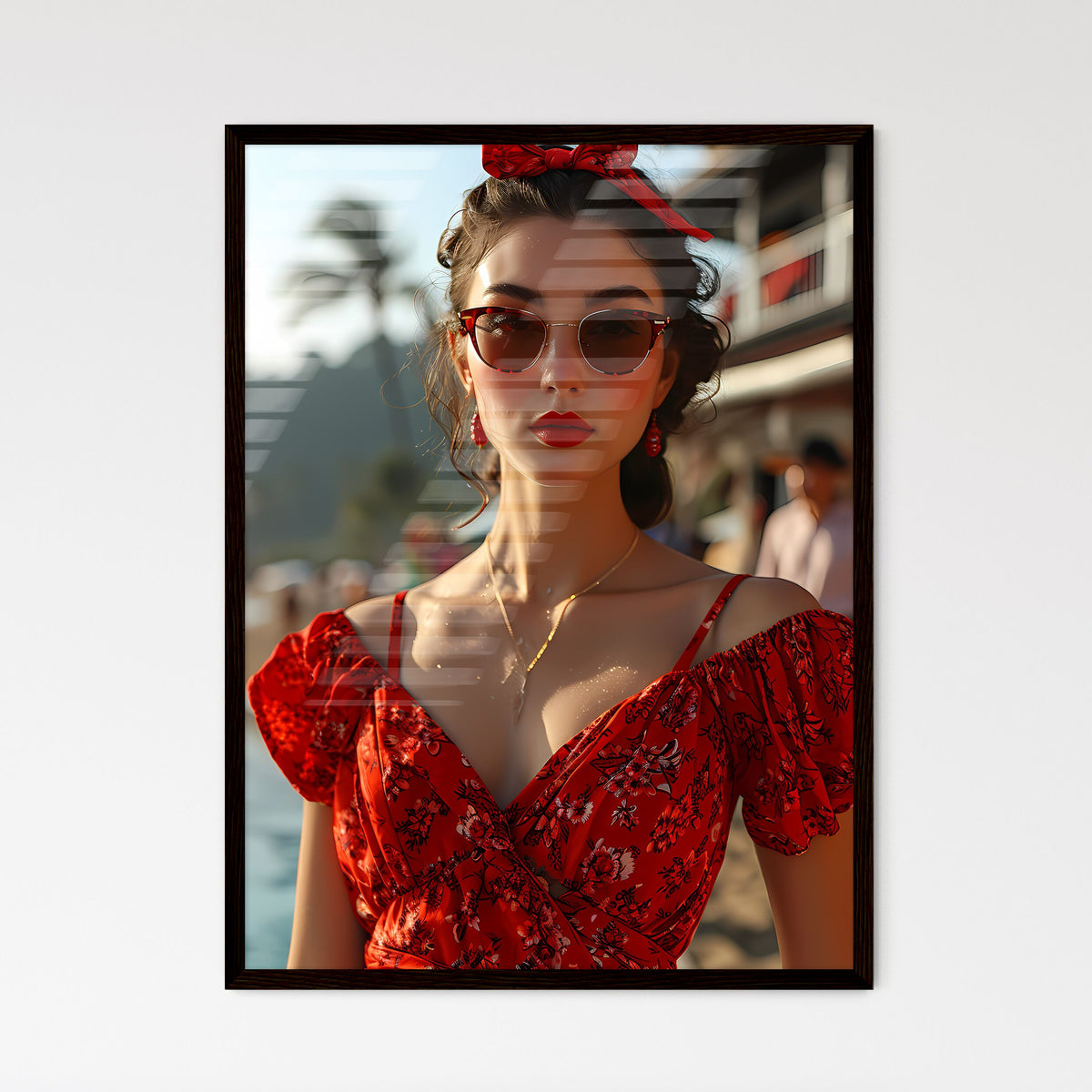 A Poster of a beautiful woman posing next to - Framed Art Print