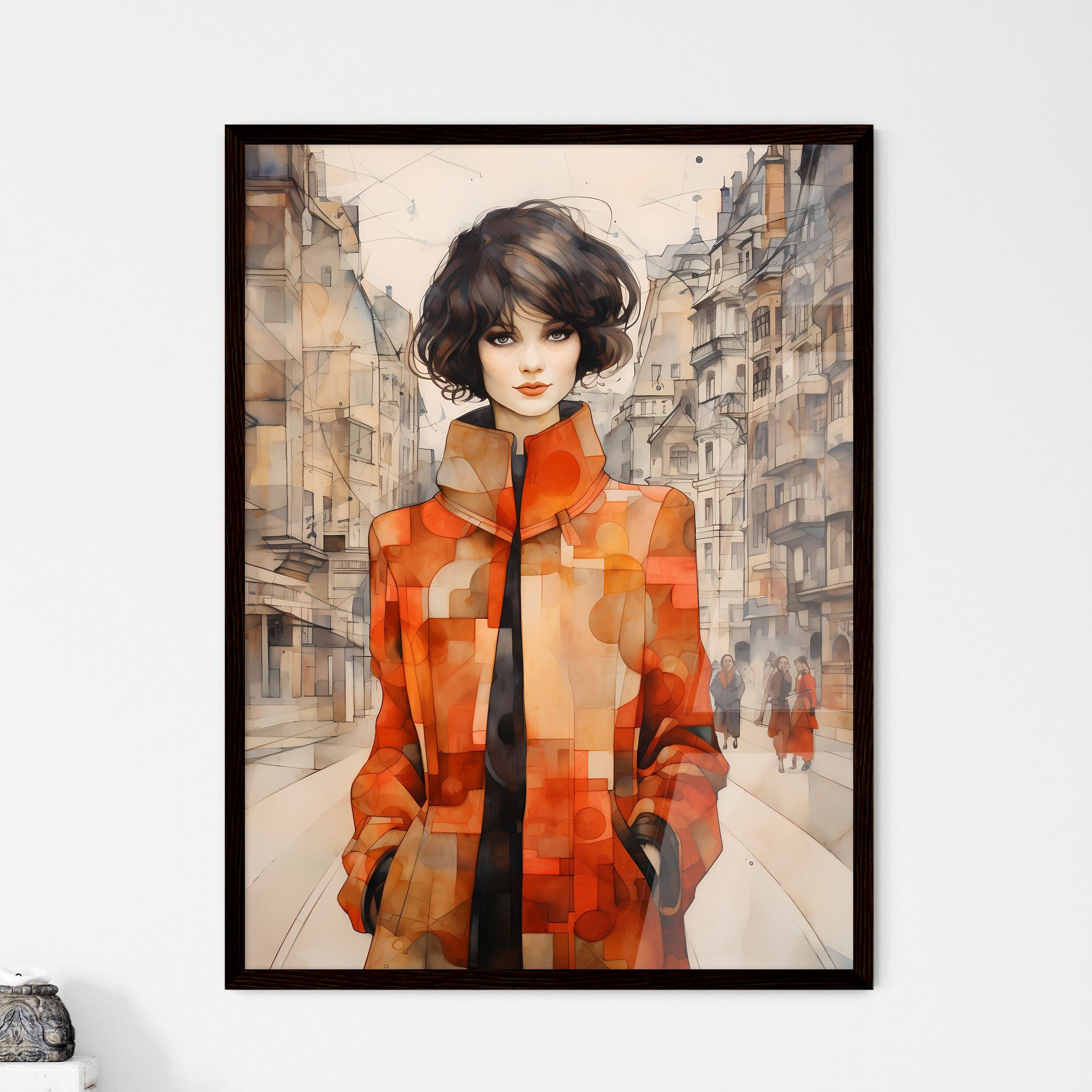A Poster of art deco noveaux - A Woman In A Red Coat Framed Art