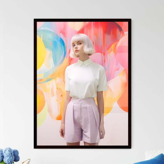 A Poster of girl standing on a pastel backgr - Framed Art Print